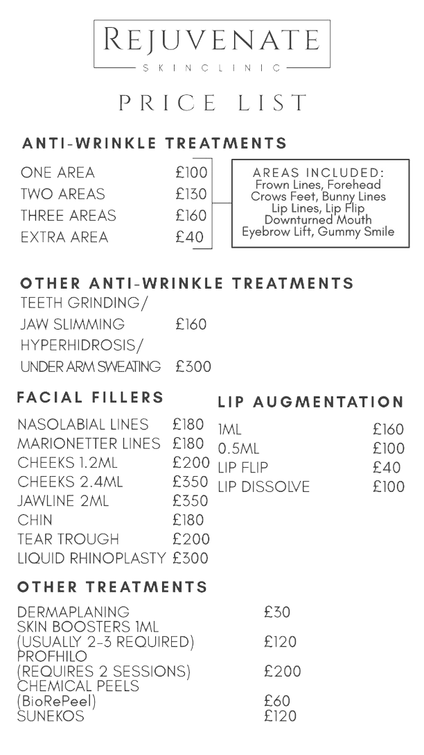 Cosmetic Treatments Pricelist at Rejuvenate Skin Clinic in Larne